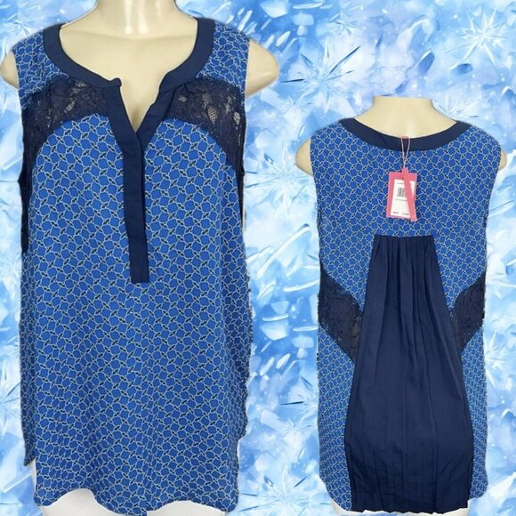 English Laundry M Blue Split Button Neck Lace Detail Pleated Back Sleeveless Top - Picture 1 of 7